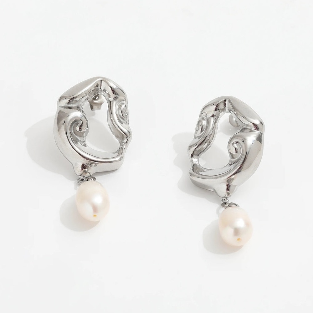Silver Irregular Shape Earrings*Minimalist Design*Pearl Earrings*Waterproof*ML - Picture 1 of 4